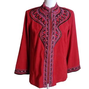 Bob Mackie Red Embroidered Faux Suede Shacket Sz S Metallic Artsy Shirt Jacket
